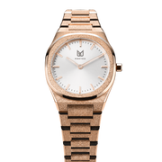 Behold the ethereal masterpiece that graces the wrist—the rose gold-plated frosted finish pearl white women's watch. Each passing second inspires self-discovery, radiating resilience and passion. The brilliant, highly transparent sapphire crystal with anti-reflective coating expose the sophisticated silver baton hands with BGW9 Lume. The flawless symmetry of the 316L Stainless Steel integrated bracelet complimented with a 6.7mm of slim case powered by a sturdy Miyota quartz movement.