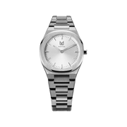 The captivating allure of Pearl White 33, portrays the elegance of luxury with Makydo pearl white women's watch Adorned with a shimmering sunburst design, reflects light in captivating hues. The brilliant, highly transparent sapphire crystal with anti-reflective coating expose the sophisticated silver baton hands with BGW9 Lume. The flawless symmetry of the 316L Stainless Steel integrated bracelet complimented with a 6.7mm of slim case powered by a sturdy Miyota quartz movement.
