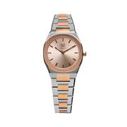 As steel and rose gold unite, Makydo's women's watch with a pink gold dial, like a sunrise of possibilities, ignites your spirit with a resplendent glow.. The The brilliant, highly transparent sapphire crystal with anti-reflective coating expose the sophisticated silver baton hands with BGW9 Lume. The flawless symmetry of perfected Rose Gold plated 316L stainless steel integrated bracelet complimented with a 6.7mm of slim case powered by a sturdy Miyota quartz movement.