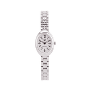 Silver watch with a white face on a white background