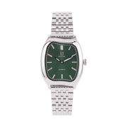 Watch with green face and silver metal strap on white background