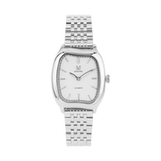 Silver watch with a white face on a white background