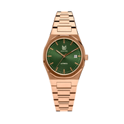 Makydo emerald green mosaic automatic unisex watch with impeccable balance of brushed and mirror polished case and bracelet, this timepiece offers a refined aesthetic. The brilliant, highly transparent sapphire crystal with anti-reflective coating expose the sophisticated silver baton hands with BGW9 Lume. The flawless symmetry of perfected Rose Gold plated 316L stainless steel integrated bracelet complimented with a 9mm of slim case powered by a sturdy Japan Miyota 9015 movement.