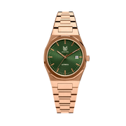 MAKYDO Rose Gold Green Mosaic 38 automatic unisex watch, featuring green mosaic pattern dial. 316L Stainless Steel integrated bracelet complimented with a 9mm of slim case powered by a sturdy Japan MIYOTA 9015 movement.