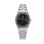 MAKYDO Onyx Black Middle East 38 automatic unisex watch, featuring a black sunburst dial with arabic numerals as indices. 316L Stainless Steel integrated bracelet complimented with a 9mm of slim case powered by a sturdy Japan MIYOTA 9015 movement.