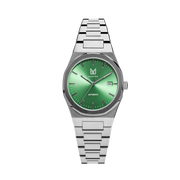 MAKYDO Absinthe Green 38 automatic unisex watch, featuring a Green sunburst dial. 316L Stainless Steel integrated bracelet complimented with a 9mm of slim case powered by a sturdy Japan MIYOTA 9015 movement.