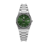 MAKYDO Emerald Green Mosaic 38 automatic unisex watch, featuring green mosaic pattern dial. 316L Stainless Steel integrated bracelet complimented with a 9mm of slim case powered by a sturdy Japan MIYOTA 9015 movement.