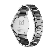 Makydo onyx black  middle east men's watch reflects the depths with embellished with exotic Middle East inspired numerals, it exudes irresistible allure. The brilliant, highly transparent sapphire crystal with anti-reflective coating expose the sophisticated silver baton hands with BGW9 Lume. The flawless symmetry of the 316L Stainless Steel integrated bracelet complimented with a 6.7mm of slim case powered by a sturdy Miyota quartz movement.
