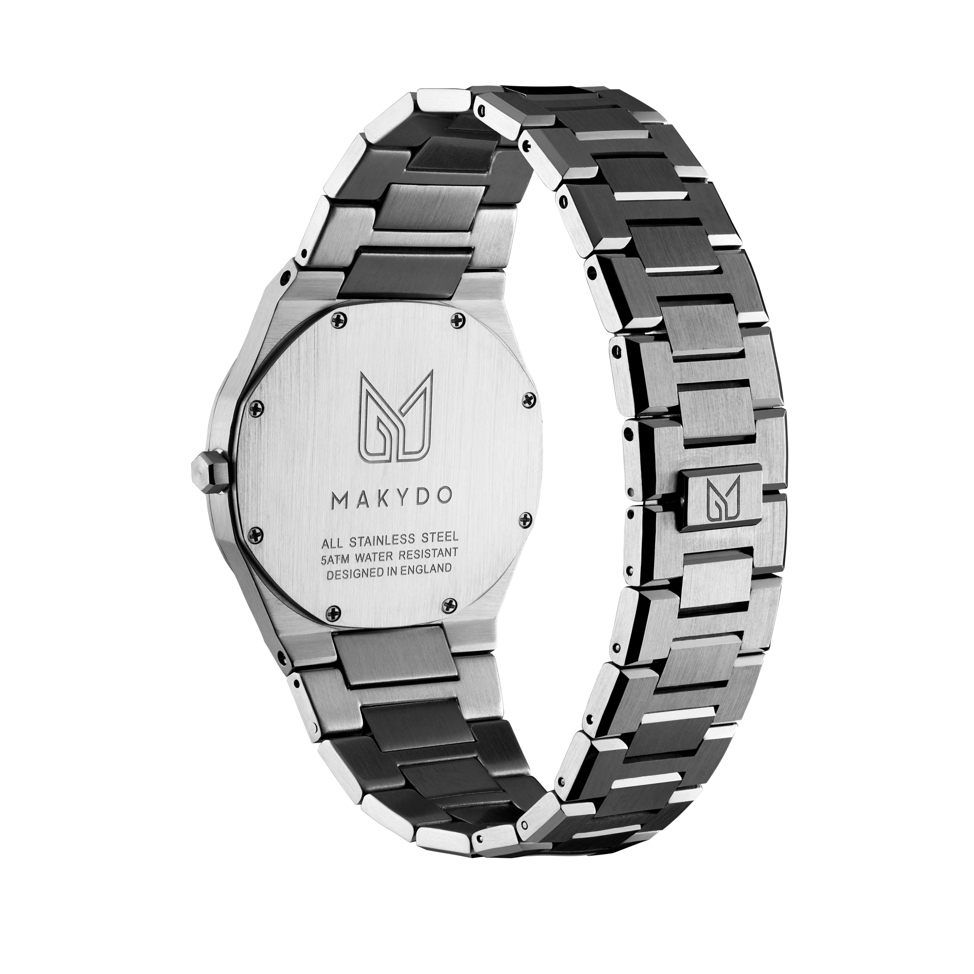 Makydo onyx black  middle east men's watch reflects the depths with embellished with exotic Middle East inspired numerals, it exudes irresistible allure. The brilliant, highly transparent sapphire crystal with anti-reflective coating expose the sophisticated silver baton hands with BGW9 Lume. The flawless symmetry of the 316L Stainless Steel integrated bracelet complimented with a 6.7mm of slim case powered by a sturdy Miyota quartz movement.