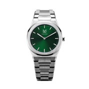 With reminiscent of nature's captivating Emerald, Makydo emerald green men's watch is a symbol of renewal, prosperity, and hope, inspiring us to embrace the endless possibilities. The brilliant, highly transparent sapphire crystal with Anti reflective coating expose the sophisticated silver baton hands with BGW9 Lume. The flawless symmetry of the 316L Stainless Steel integrated bracelet complimented with a 6.7mm of slim case powered by a sturdy Miyota quartz movement.