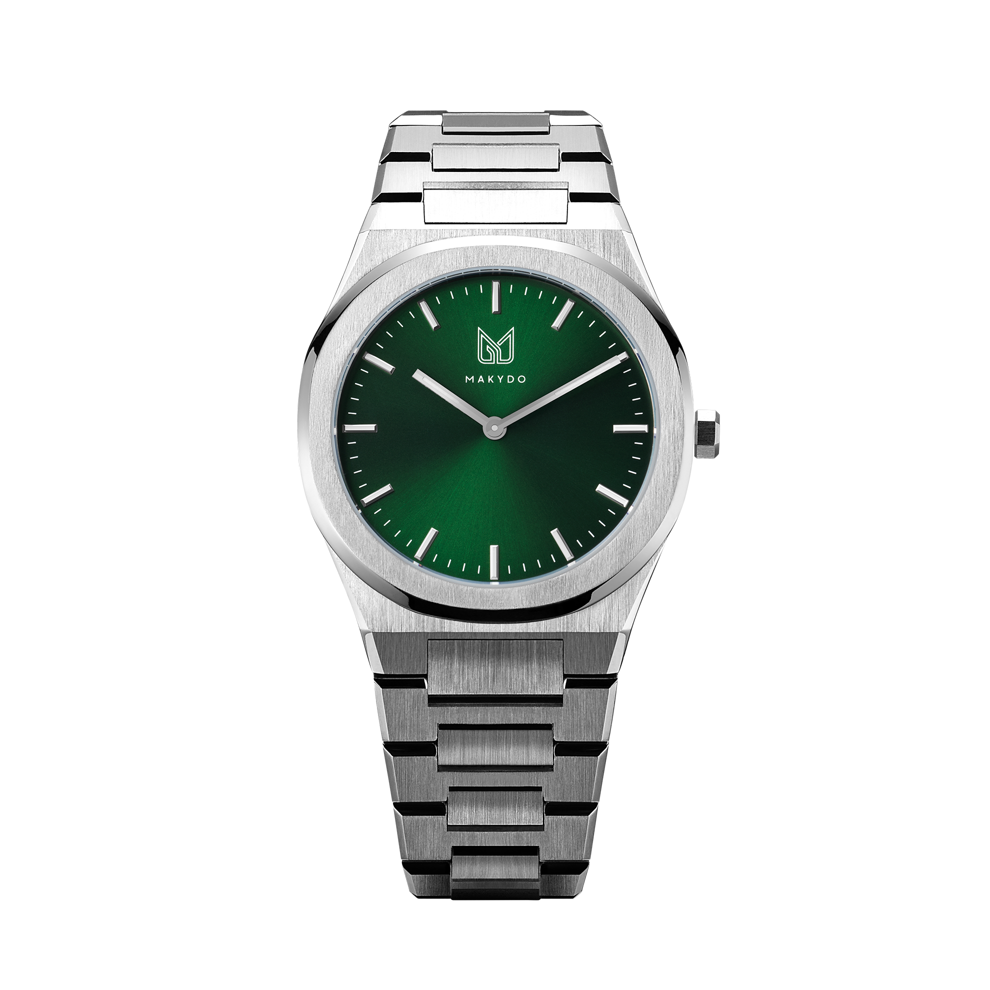 With reminiscent of nature's captivating Emerald, Makydo emerald green men's watch is a symbol of renewal, prosperity, and hope, inspiring us to embrace the endless possibilities. The brilliant, highly transparent sapphire crystal with Anti reflective coating expose the sophisticated silver baton hands with BGW9 Lume. The flawless symmetry of the 316L Stainless Steel integrated bracelet complimented with a 6.7mm of slim case powered by a sturdy Miyota quartz movement.