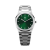 With reminiscent of nature's captivating Emerald, Makydo emerald green men's watch is a symbol of renewal, prosperity, and hope, inspiring us to embrace the endless possibilities. The brilliant, highly transparent sapphire crystal with Anti reflective coating expose the sophisticated silver baton hands with BGW9 Lume. The flawless symmetry of the 316L Stainless Steel integrated bracelet complimented with a 6.7mm of slim case powered by a sturdy Miyota quartz movement.