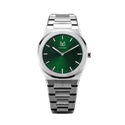 With reminiscent of nature's captivating Emerald, Makydo emerald green men's watch is a symbol of renewal, prosperity, and hope, inspiring us to embrace the endless possibilities. The brilliant, highly transparent sapphire crystal with Anti reflective coating expose the sophisticated silver baton hands with BGW9 Lume. The flawless symmetry of the 316L Stainless Steel integrated bracelet complimented with a 6.7mm of slim case powered by a sturdy Miyota quartz movement.