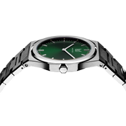 With reminiscent of nature's captivating Emerald, Makydo emerald green men's watch is a symbol of renewal, prosperity, and hope, inspiring us to embrace the endless possibilities. The brilliant, highly transparent sapphire crystal with Anti reflective coating expose the sophisticated silver baton hands with BGW9 Lume. The flawless symmetry of the 316L Stainless Steel integrated bracelet complimented with a 6.7mm of slim case powered by a sturdy Miyota quartz movement.