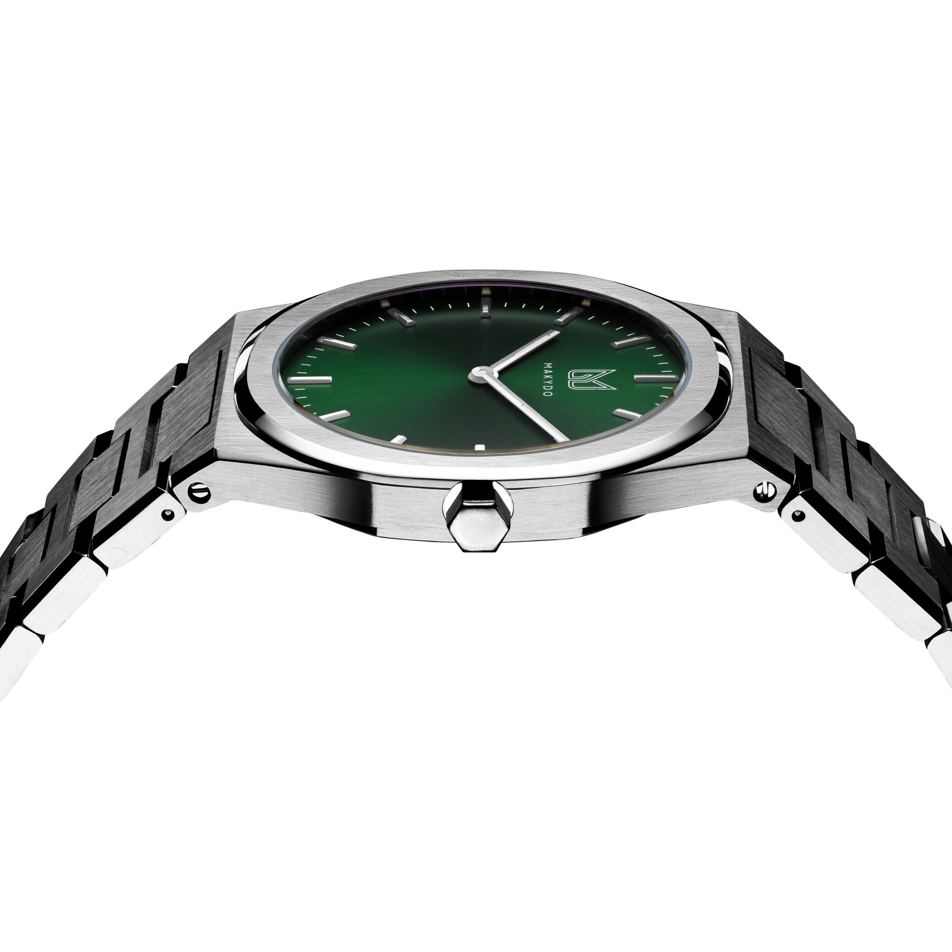 With reminiscent of nature's captivating Emerald, Makydo emerald green men's watch is a symbol of renewal, prosperity, and hope, inspiring us to embrace the endless possibilities. The brilliant, highly transparent sapphire crystal with Anti reflective coating expose the sophisticated silver baton hands with BGW9 Lume. The flawless symmetry of the 316L Stainless Steel integrated bracelet complimented with a 6.7mm of slim case powered by a sturdy Miyota quartz movement.