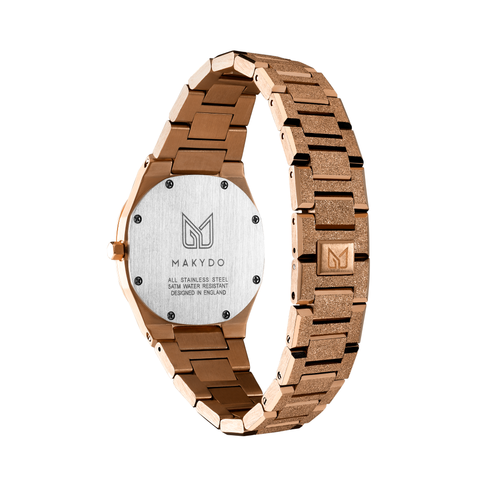 Behold the ethereal masterpiece that graces the wrist—the rose gold-plated frosted finish pearl white women's watch.  Each passing second inspires self-discovery, radiating resilience and passion.  The brilliant, highly transparent sapphire crystal with anti-reflective coating expose the sophisticated silver baton hands with BGW9 Lume. The flawless symmetry of the 316L Stainless Steel integrated bracelet complimented with a 6.7mm of slim case powered by a sturdy Miyota quartz movement.
