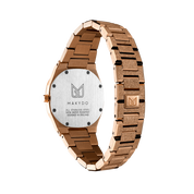 Behold the ethereal masterpiece that graces the wrist—the rose gold-plated frosted finish pearl white women's watch.  Each passing second inspires self-discovery, radiating resilience and passion.  The brilliant, highly transparent sapphire crystal with anti-reflective coating expose the sophisticated silver baton hands with BGW9 Lume. The flawless symmetry of the 316L Stainless Steel integrated bracelet complimented with a 6.7mm of slim case powered by a sturdy Miyota quartz movement.