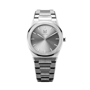 Within the harmonious tapestry of monochromatic ash grey men's watch, a melodic ensemble of subdued grays narrates a tale of unwavering strength and rejuvenation.  The brilliant, highly transparent sapphire crystal with anti-reflective coating expose the sophisticated silver baton hands with BGW9 Lume. The flawless symmetry of the 316L Stainless Steel  integrated bracelet complimented with a 6.7mm of slim case powered by a sturdy Miyota quartz movement.