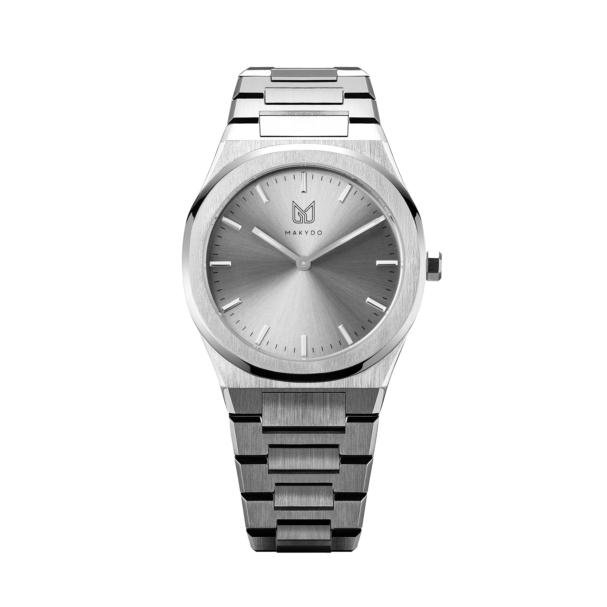 Within the harmonious tapestry of monochromatic ash grey men's watch, a melodic ensemble of subdued grays narrates a tale of unwavering strength and rejuvenation.  The brilliant, highly transparent sapphire crystal with anti-reflective coating expose the sophisticated silver baton hands with BGW9 Lume. The flawless symmetry of the 316L Stainless Steel  integrated bracelet complimented with a 6.7mm of slim case powered by a sturdy Miyota quartz movement.