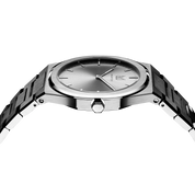 Within the harmonious tapestry of monochromatic ash grey men's watch, a melodic ensemble of subdued grays narrates a tale of unwavering strength and rejuvenation.  The brilliant, highly transparent sapphire crystal with anti-reflective coating expose the sophisticated silver baton hands with BGW9 Lume. The flawless symmetry of the 316L Stainless Steel  integrated bracelet complimented with a 6.7mm of slim case powered by a sturdy Miyota quartz movement.