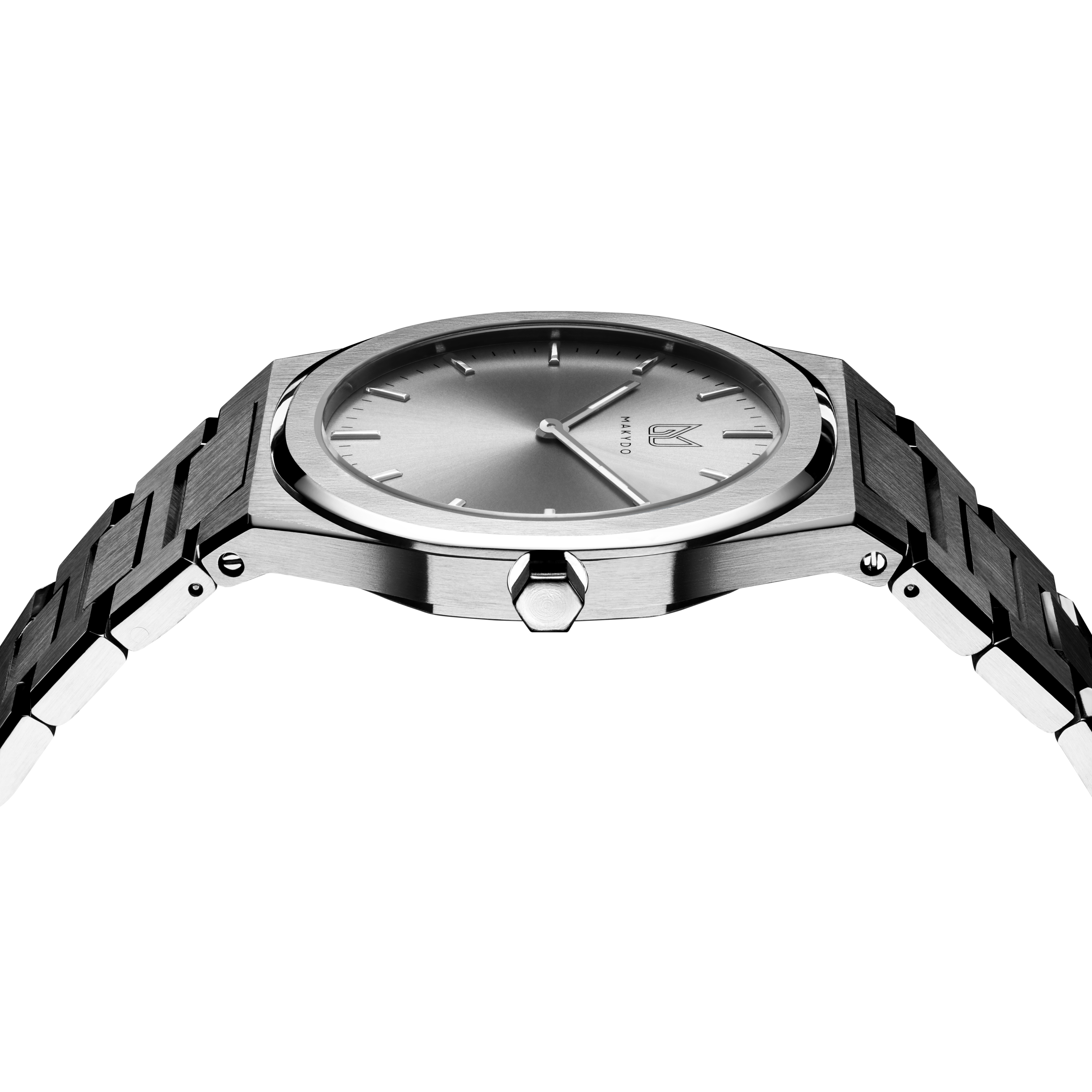 Within the harmonious tapestry of monochromatic ash grey men's watch, a melodic ensemble of subdued grays narrates a tale of unwavering strength and rejuvenation.  The brilliant, highly transparent sapphire crystal with anti-reflective coating expose the sophisticated silver baton hands with BGW9 Lume. The flawless symmetry of the 316L Stainless Steel  integrated bracelet complimented with a 6.7mm of slim case powered by a sturdy Miyota quartz movement.