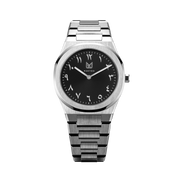 Makydo onyx black  middle east men's watch reflects the depths with embellished with exotic Middle East inspired numerals, it exudes irresistible allure. The brilliant, highly transparent sapphire crystal with anti-reflective coating expose the sophisticated silver baton hands with BGW9 Lume. The flawless symmetry of the 316L Stainless Steel integrated bracelet complimented with a 6.7mm of slim case powered by a sturdy Miyota quartz movement.