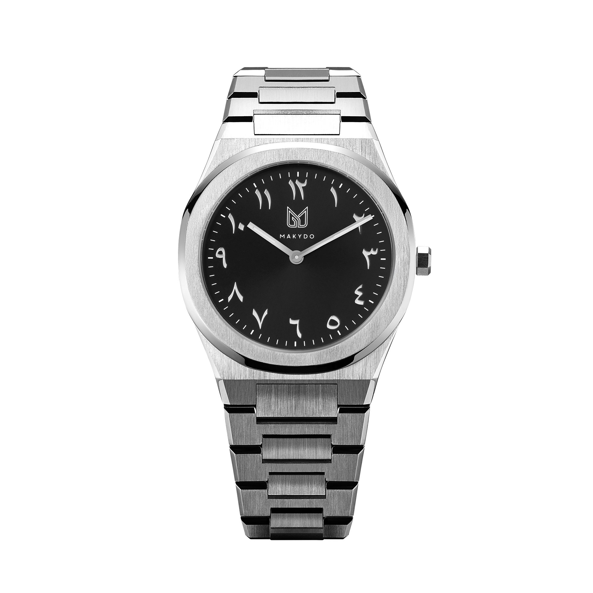 Makydo onyx black  middle east men's watch reflects the depths with embellished with exotic Middle East inspired numerals, it exudes irresistible allure. The brilliant, highly transparent sapphire crystal with anti-reflective coating expose the sophisticated silver baton hands with BGW9 Lume. The flawless symmetry of the 316L Stainless Steel integrated bracelet complimented with a 6.7mm of slim case powered by a sturdy Miyota quartz movement.