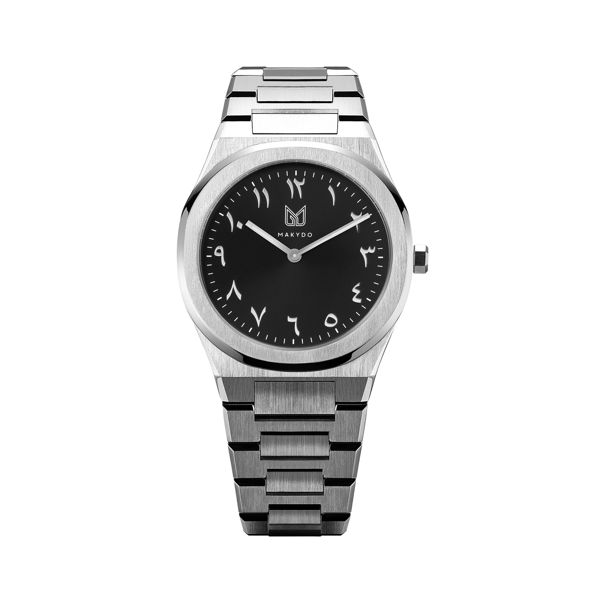 Makydo onyx black  middle east men's watch reflects the depths with embellished with exotic Middle East inspired numerals, it exudes irresistible allure. The brilliant, highly transparent sapphire crystal with anti-reflective coating expose the sophisticated silver baton hands with BGW9 Lume. The flawless symmetry of the 316L Stainless Steel integrated bracelet complimented with a 6.7mm of slim case powered by a sturdy Miyota quartz movement.