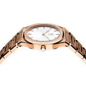 Behold the ethereal masterpiece that graces the wrist—the rose gold-plated frosted finish pearl white women's watch.  Each passing second inspires self-discovery, radiating resilience and passion.  The brilliant, highly transparent sapphire crystal with anti-reflective coating expose the sophisticated silver baton hands with BGW9 Lume. The flawless symmetry of the 316L Stainless Steel integrated bracelet complimented with a 6.7mm of slim case powered by a sturdy Miyota quartz movement.