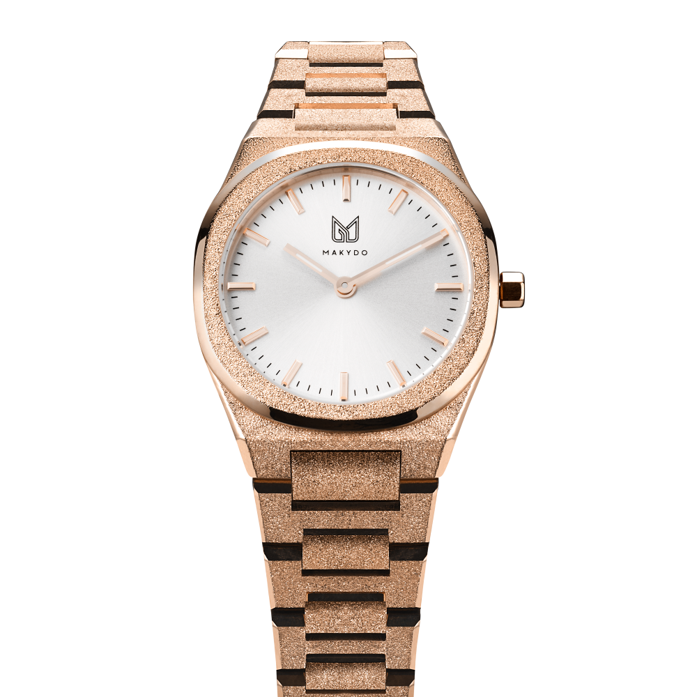 Behold the ethereal masterpiece that graces the wrist—the rose gold-plated frosted finish pearl white women's watch.  Each passing second inspires self-discovery, radiating resilience and passion.  The brilliant, highly transparent sapphire crystal with anti-reflective coating expose the sophisticated silver baton hands with BGW9 Lume. The flawless symmetry of the 316L Stainless Steel integrated bracelet complimented with a 6.7mm of slim case powered by a sturdy Miyota quartz movement.
