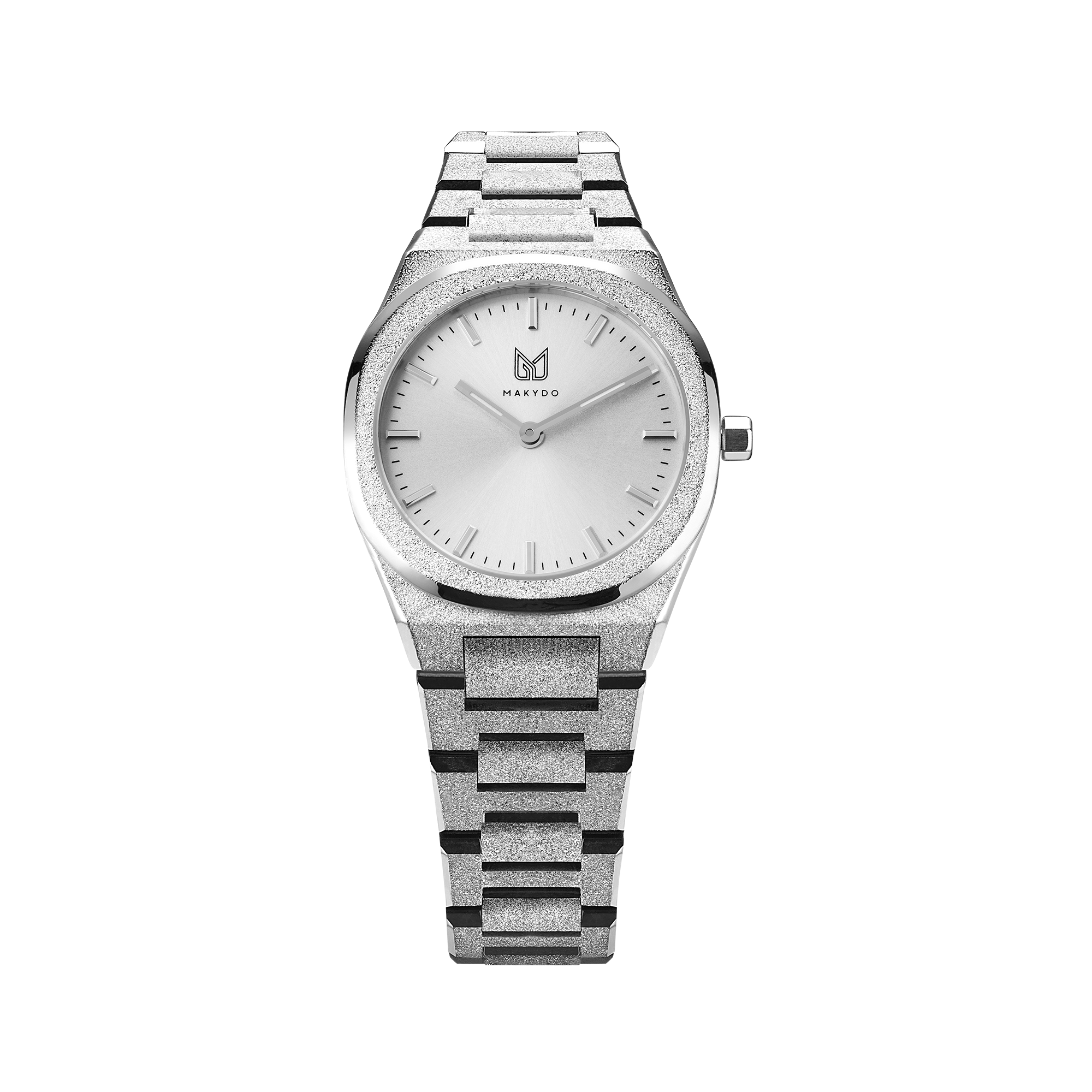 Behold the enchanting embrace of a frosted finish, stardust dancing upon its delicate frame. The pearly white dial women's watch exudes purity and radiance, captivating souls with its luminous charm. The brilliant, highly transparent sapphire crystal with anti-reflective coating expose the sophisticated silver baton hands with BGW9 Lume. The flawless symmetry of the 316L Stainless Steel integrated bracelet complimented with a 6.7mm of slim case powered by a sturdy Miyota quartz movement.