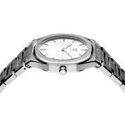 Behold the enchanting embrace of a frosted finish, stardust dancing upon its delicate frame. The pearly white dial women's watch exudes purity and radiance, captivating souls with its luminous charm. The brilliant, highly transparent sapphire crystal with anti-reflective coating expose the sophisticated silver baton hands with BGW9 Lume. The flawless symmetry of the 316L Stainless Steel integrated bracelet complimented with a 6.7mm of slim case powered by a sturdy Miyota quartz movement.
