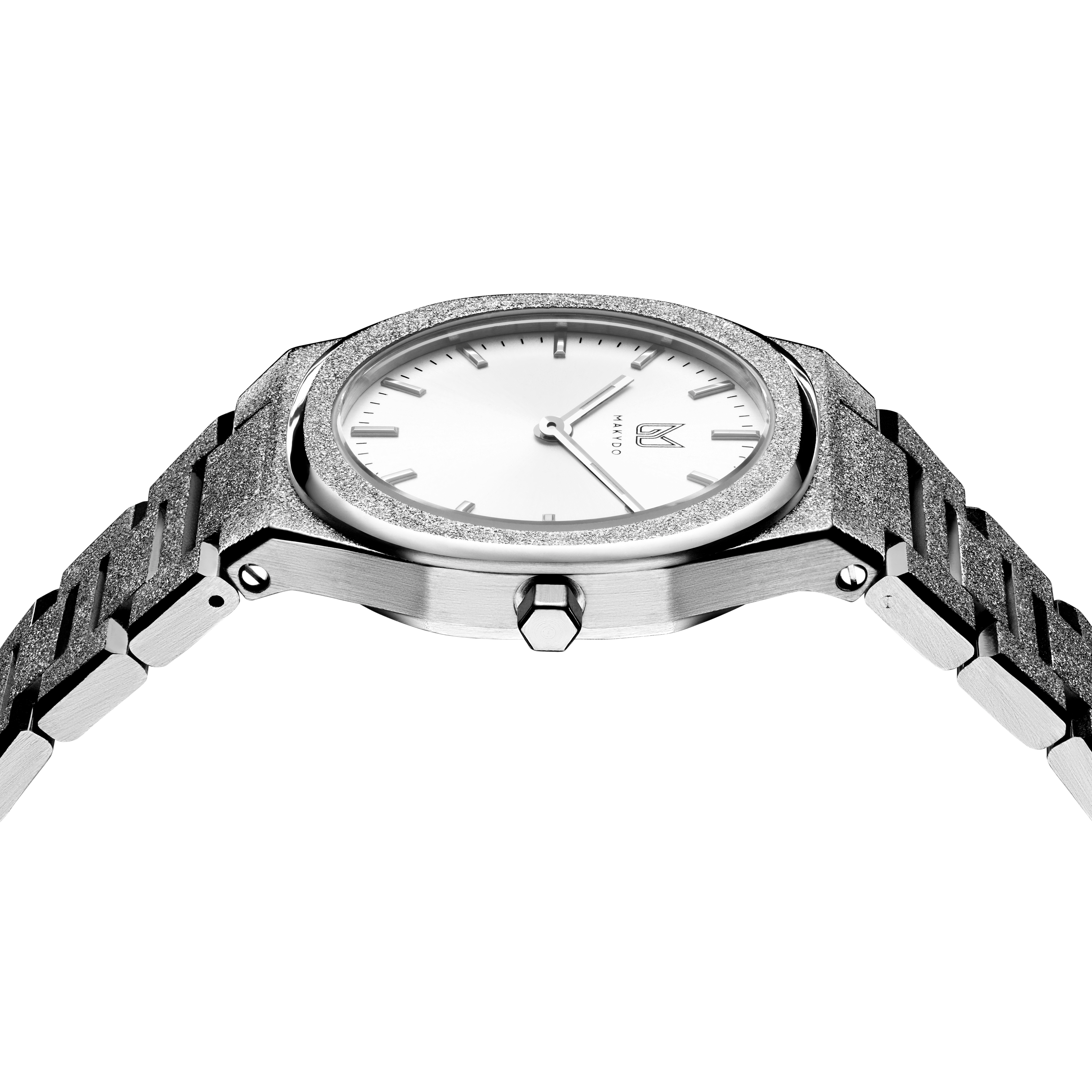 Behold the enchanting embrace of a frosted finish, stardust dancing upon its delicate frame. The pearly white dial women's watch exudes purity and radiance, captivating souls with its luminous charm. The brilliant, highly transparent sapphire crystal with anti-reflective coating expose the sophisticated silver baton hands with BGW9 Lume. The flawless symmetry of the 316L Stainless Steel integrated bracelet complimented with a 6.7mm of slim case powered by a sturdy Miyota quartz movement.