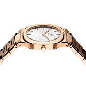 Makydo's rose gold white dial women's watch is finely colored, eye-catching allure captivates effortlessly, making it the perfect companion for both special occasions and everyday elegance. The brilliant, highly transparent sapphire crystal with anti-reflective coating expose the sophisticated silver baton hands with BGW9 Lume. The flawless symmetry of perfected Rose Gold plated 316L stainless steel integrated bracelet complimented with a 6.7mm of slim case powered by a sturdy Miyota quartz movement.