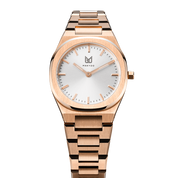 Makydo's rose gold white dial women's watch is finely colored, eye-catching allure captivates effortlessly, making it the perfect companion for both special occasions and everyday elegance. The brilliant, highly transparent sapphire crystal with anti-reflective coating expose the sophisticated silver baton hands with BGW9 Lume. The flawless symmetry of perfected Rose Gold plated 316L stainless steel integrated bracelet complimented with a 6.7mm of slim case powered by a sturdy Miyota quartz movement.