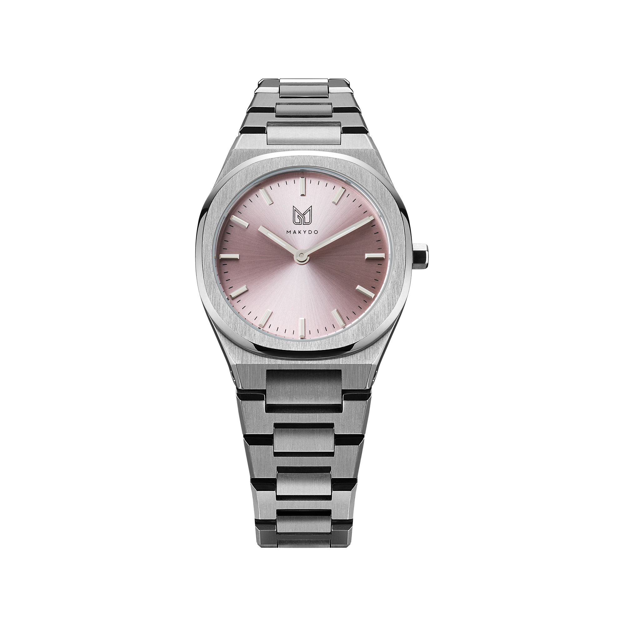 Unveil your captivating beauty with this Makydo women's watch, where strength and grace intertwine in perfect balance. The light pink dial, like a soft blush of dawn, emanates a tender radiance and kindling passions. The brilliant, highly transparent sapphire crystal with anti-reflective coating expose the sophisticated silver baton hands with BGW9 Lume. The flawless symmetry of the 316L Stainless Steel integrated bracelet complimented with a 6.7mm of slim case powered by a sturdy Miyota quartz movement.
