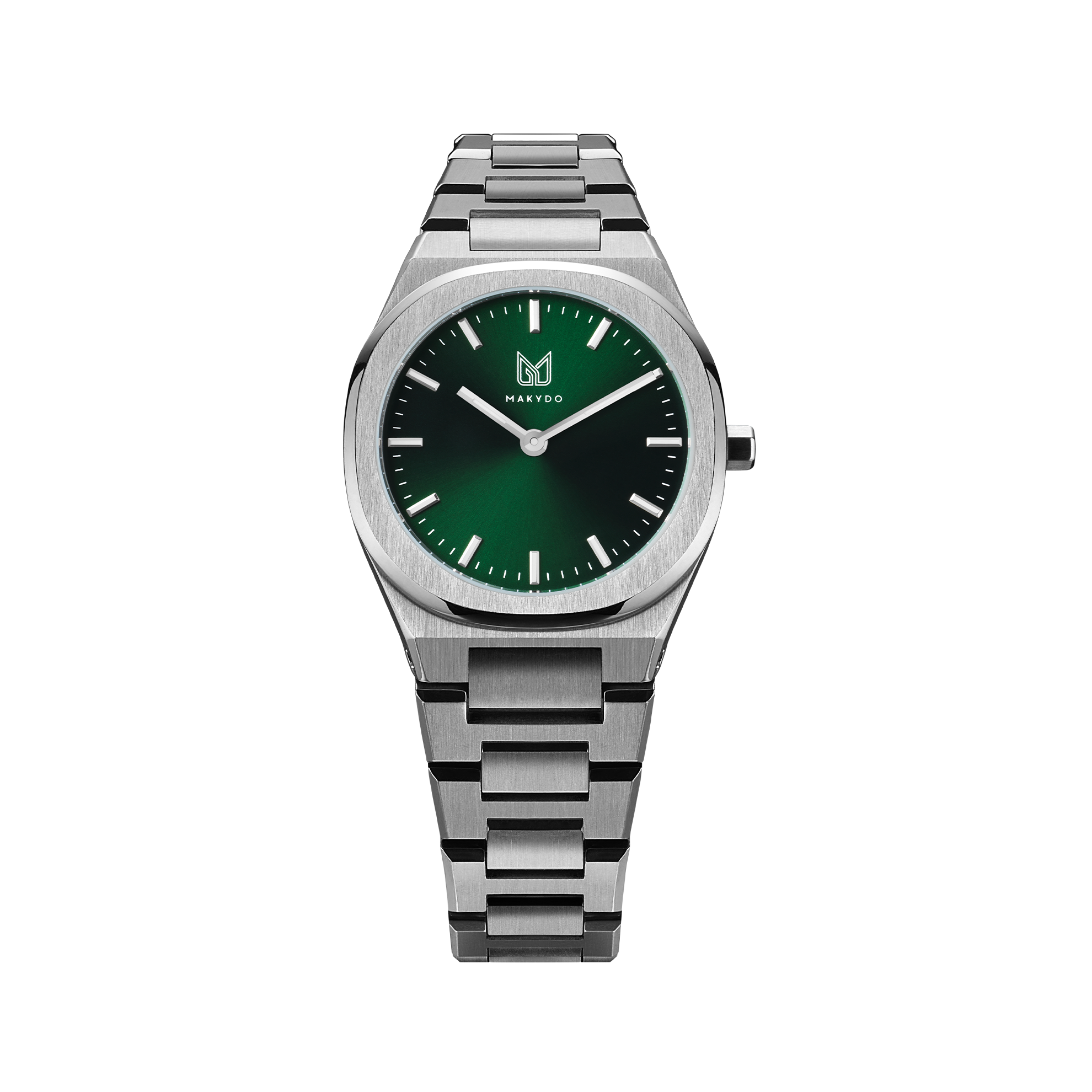 The captivating essence of this Makydo women's watch, adorned with an emerald green dial that sparkles like a hidden gem. It is a testament to your vibrant spirit and unwavering strength.The brilliant, highly transparent sapphire crystal with anti-reflective coating expose the sophisticated silver baton hands with BGW9 Lume. The flawless symmetry of the 316L Stainless Steel integrated bracelet complimented with a 6.7mm of slim case powered by a sturdy Miyota quartz movement.