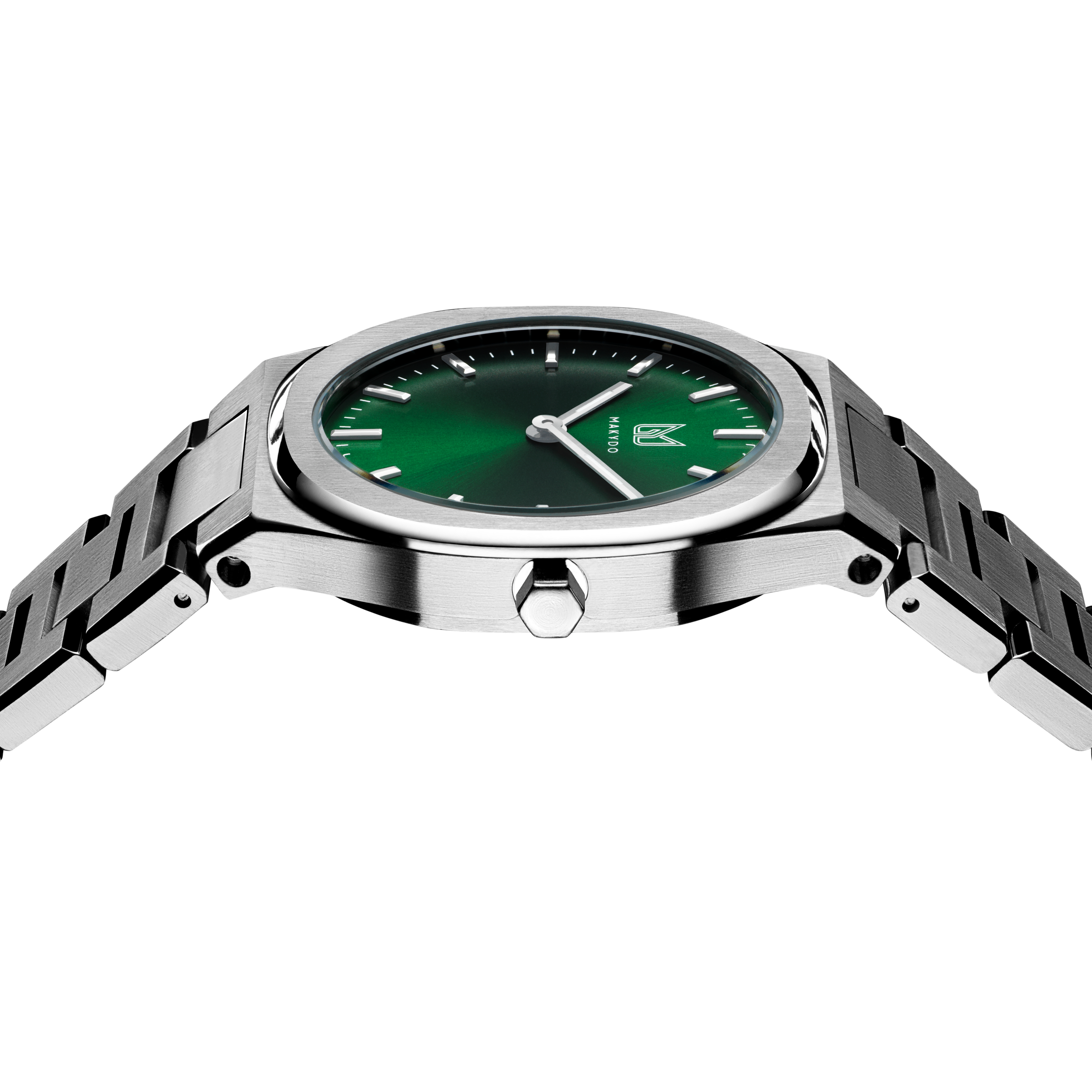 The captivating essence of this Makydo women's watch, adorned with an emerald green dial that sparkles like a hidden gem. It is a testament to your vibrant spirit and unwavering strength.The brilliant, highly transparent sapphire crystal with anti-reflective coating expose the sophisticated silver baton hands with BGW9 Lume. The flawless symmetry of the 316L Stainless Steel integrated bracelet complimented with a 6.7mm of slim case powered by a sturdy Miyota quartz movement.
