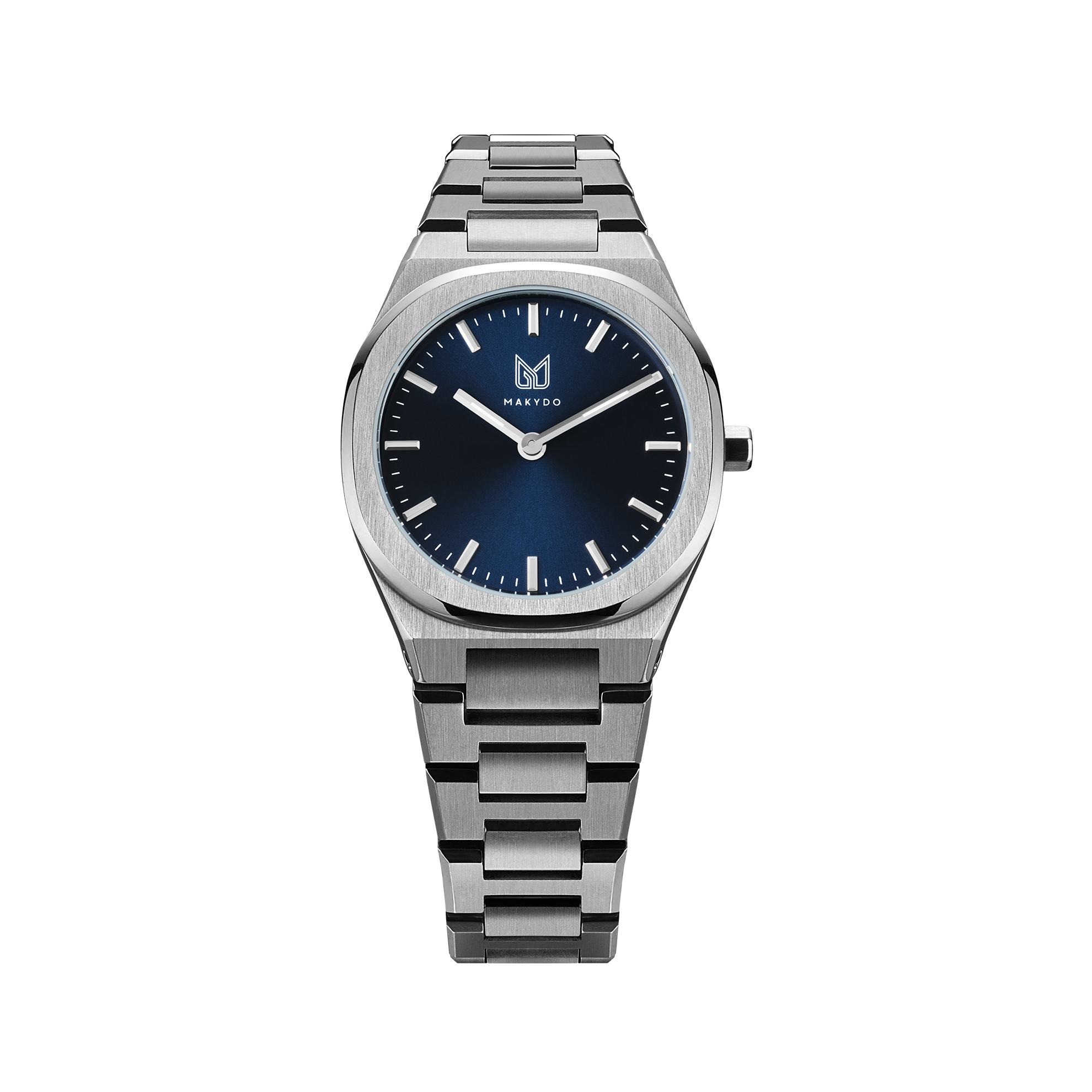 The timeless allure of this Makydo  women's watch, where sophistication meets the depths of inspiration. The classy blue dial, like an ocean of possibilities, evokes a sense of tranquility and limitless potential.  The brilliant, highly transparent sapphire crystal with anti-reflective coating expose the sophisticated silver baton hands with BGW9 Lume. The flawless symmetry of the 316L Stainless Steel integrated bracelet complimented with a 6.7mm of slim case powered by a sturdy Miyota quartz movement.