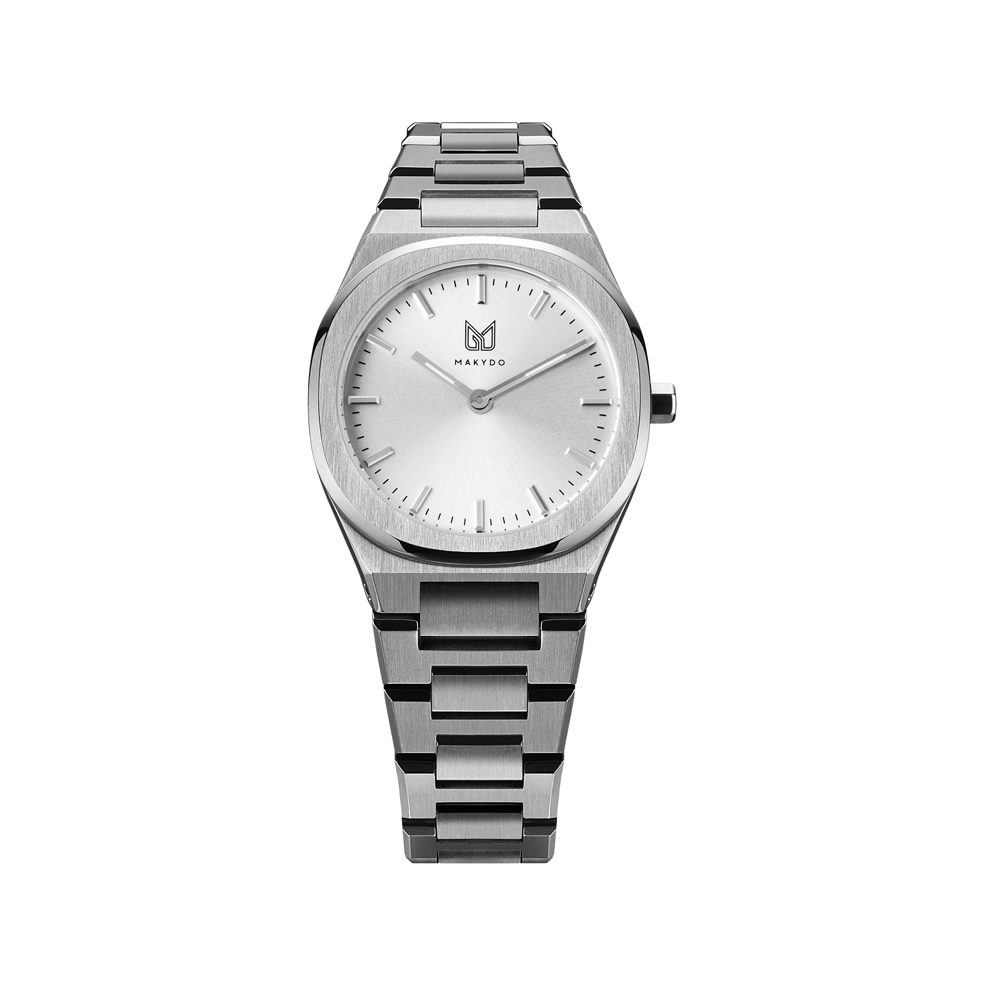 The captivating allure of Pearl White 33, portrays the elegance of luxury with Makydo pearl white women's watch  Adorned with a shimmering sunburst design, reflects light in captivating hues. The brilliant, highly transparent sapphire crystal with anti-reflective coating expose the sophisticated silver baton hands with BGW9 Lume. The flawless symmetry of the 316L Stainless Steel integrated bracelet complimented with a 6.7mm of slim case powered by a sturdy Miyota quartz movement.