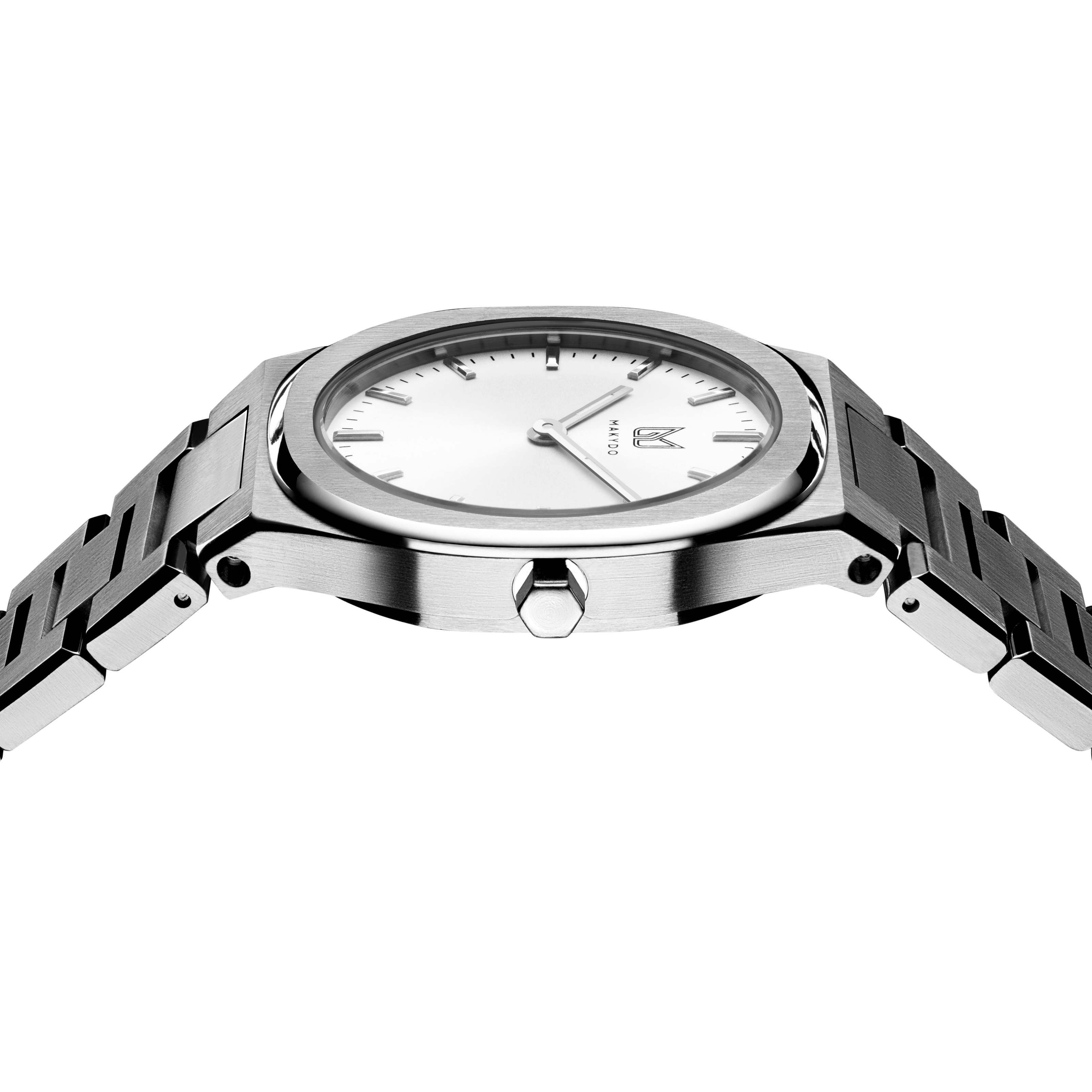 The captivating allure of Pearl White 33, portrays the elegance of luxury with Makydo pearl white women's watch  Adorned with a shimmering sunburst design, reflects light in captivating hues. The brilliant, highly transparent sapphire crystal with anti-reflective coating expose the sophisticated silver baton hands with BGW9 Lume. The flawless symmetry of the 316L Stainless Steel integrated bracelet complimented with a 6.7mm of slim case powered by a sturdy Miyota quartz movement.