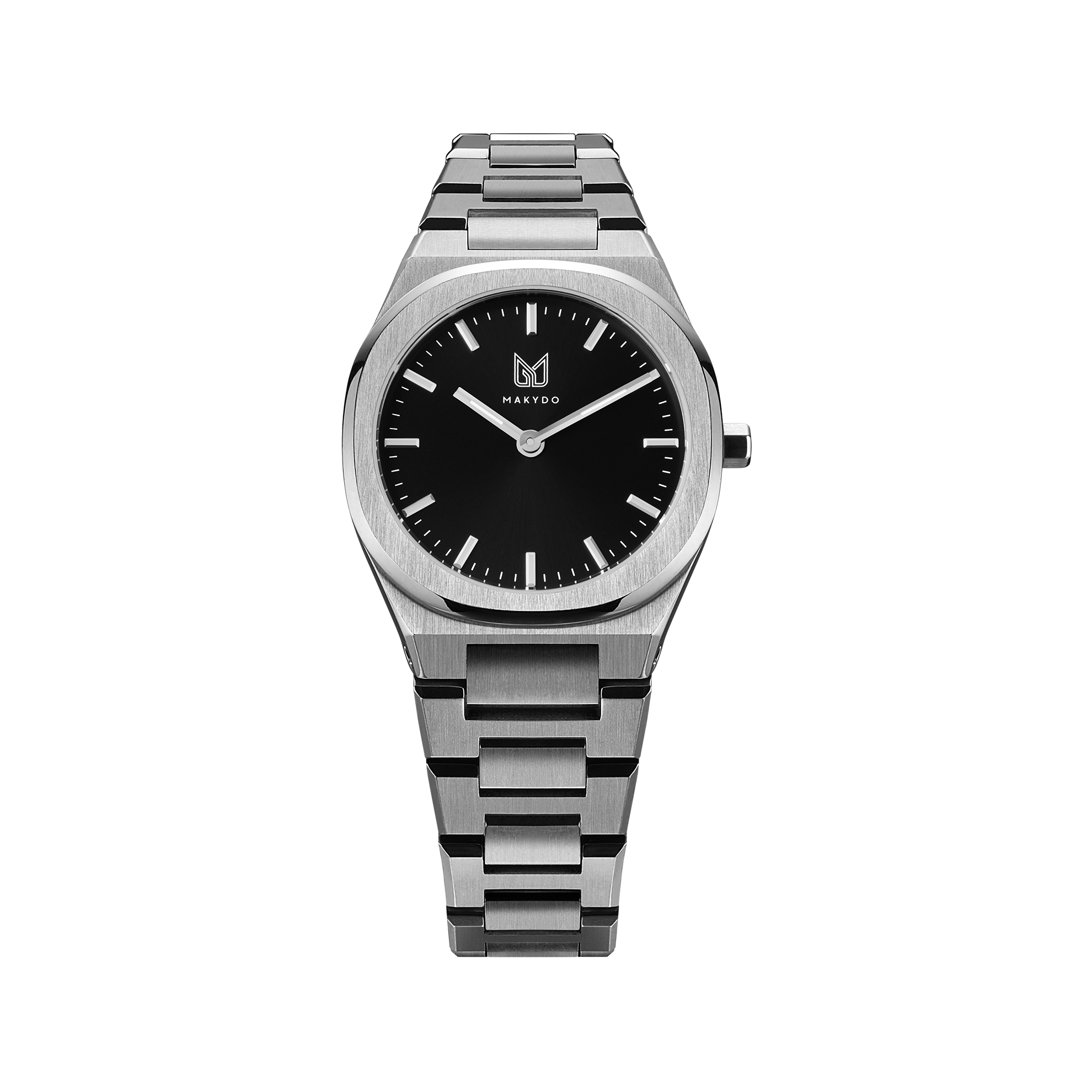 Makydo's onyx black women's watch dial becomes a portal to endless possibilities, a reminder that even in the depths of darkness, brilliance can emerge. The brilliant, highly transparent sapphire crystal with anti-reflective coating expose the sophisticated silver baton hands with BGW9 Lume. The flawless symmetry of the 316L Stainless Steel integrated bracelet complimented with a 6.7mm of slim case powered by a sturdy Miyota quartz movement.