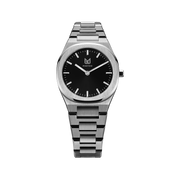 Makydo's onyx black women's watch dial becomes a portal to endless possibilities, a reminder that even in the depths of darkness, brilliance can emerge. The brilliant, highly transparent sapphire crystal with anti-reflective coating expose the sophisticated silver baton hands with BGW9 Lume. The flawless symmetry of the 316L Stainless Steel integrated bracelet complimented with a 6.7mm of slim case powered by a sturdy Miyota quartz movement.