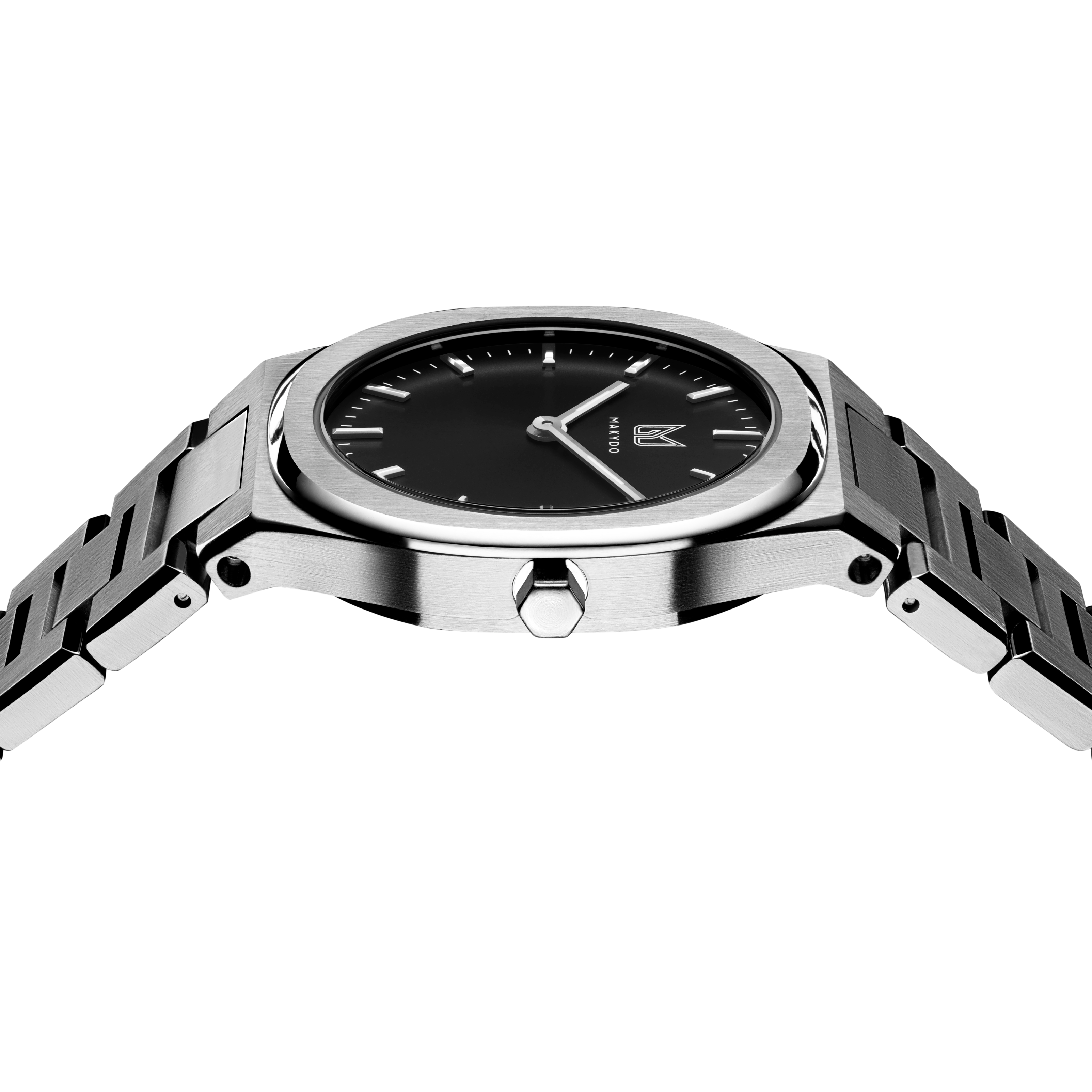 Makydo's onyx black women's watch dial becomes a portal to endless possibilities, a reminder that even in the depths of darkness, brilliance can emerge. The brilliant, highly transparent sapphire crystal with anti-reflective coating expose the sophisticated silver baton hands with BGW9 Lume. The flawless symmetry of the 316L Stainless Steel integrated bracelet complimented with a 6.7mm of slim case powered by a sturdy Miyota quartz movement.