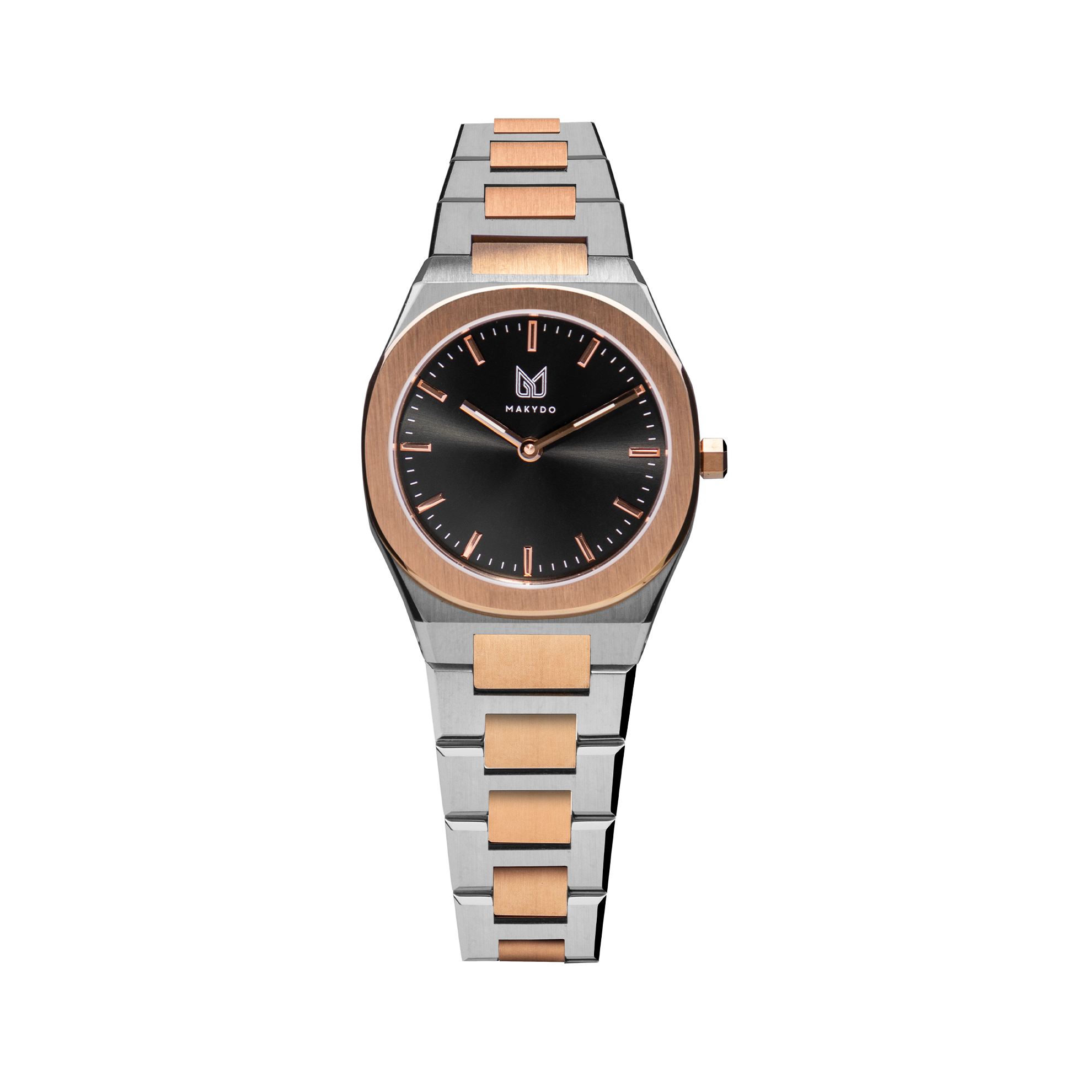 Behold the harmonious fusion of steel and rose gold in this captivating two-tone black dial women's watch invites you to embrace the depths of your aspirations and illuminate the path ahead. The brilliant, highly transparent sapphire crystal with anti-reflective coating expose the sophisticated silver baton hands with BGW9 Lume. The flawless symmetry of perfected Rose Gold plated 316L stainless steel integrated bracelet complimented with a 6.7mm of slim case powered by a sturdy Miyota quartz movement.