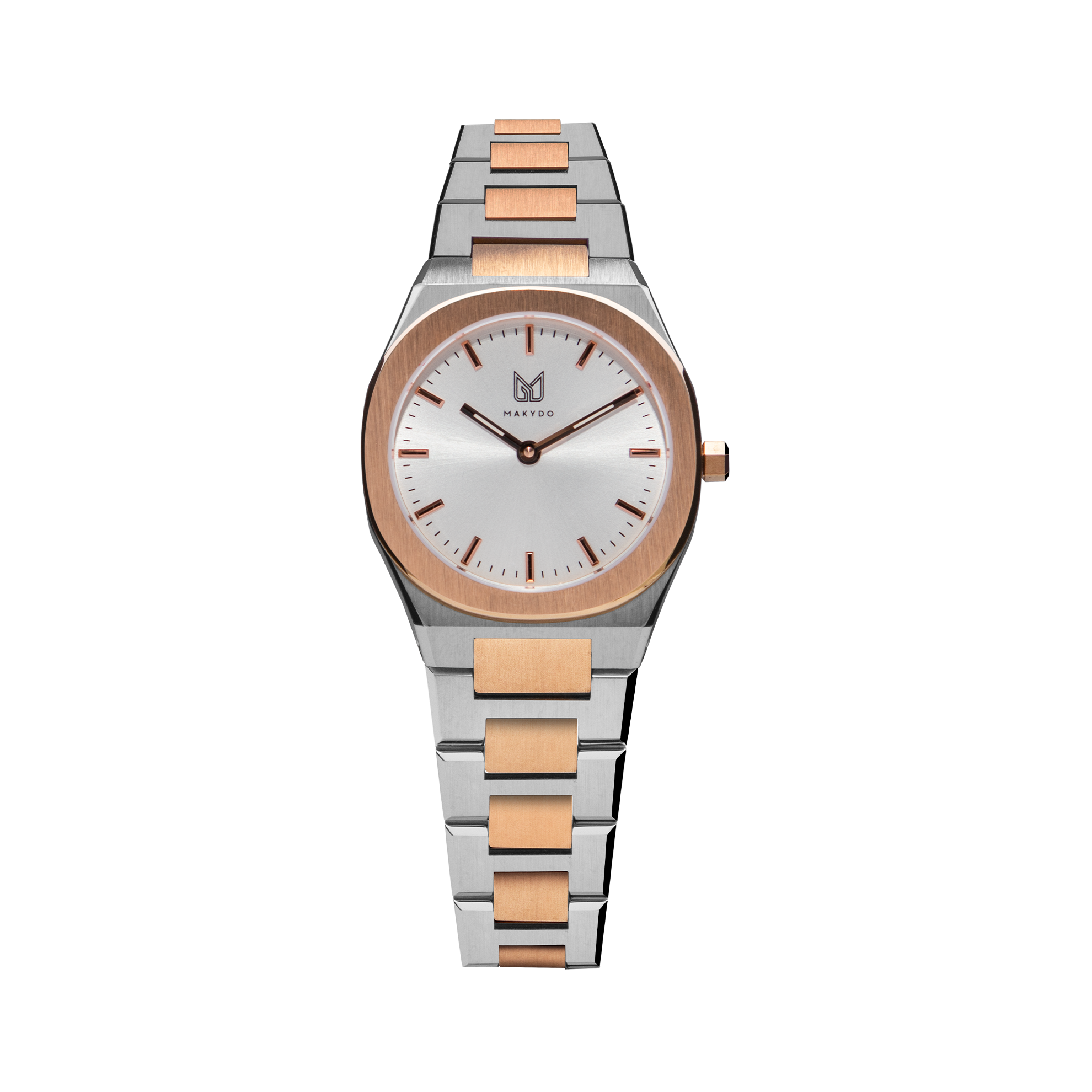 As steel and rose gold unite, Makydo's pearl white women's watch radiates serenity and purity upon your wrist, leaving a trail of inspiration in your wake. The brilliant, highly transparent sapphire crystal with anti-reflective coating expose the sophisticated silver baton hands with BGW9 Lume. The flawless symmetry of perfected Rose Gold plated 316L stainless steel integrated bracelet complimented with a 6.7mm of slim case powered by a sturdy Miyota quartz movement.