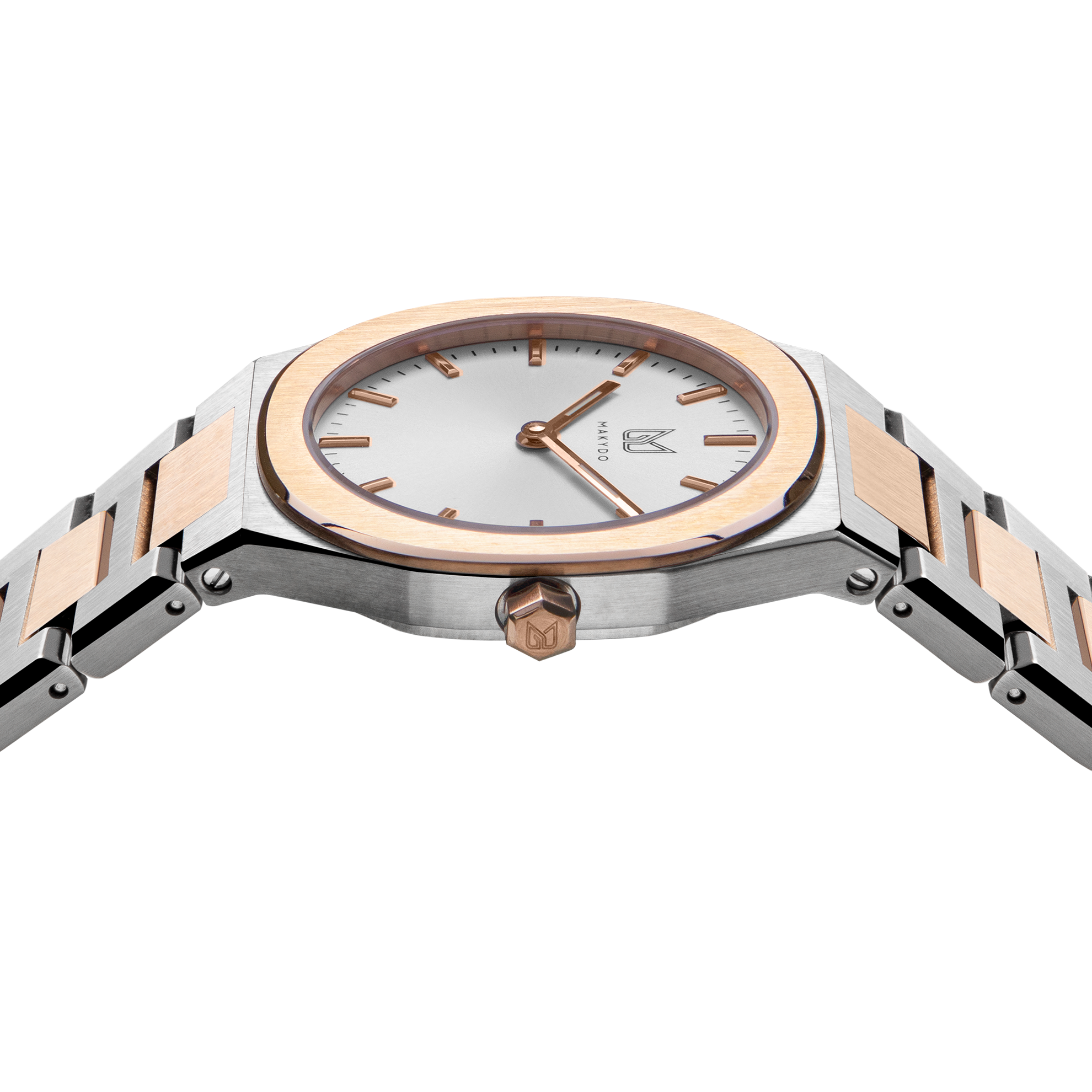 As steel and rose gold unite, Makydo's pearl white women's watch radiates serenity and purity upon your wrist, leaving a trail of inspiration in your wake. The brilliant, highly transparent sapphire crystal with anti-reflective coating expose the sophisticated silver baton hands with BGW9 Lume. The flawless symmetry of perfected Rose Gold plated 316L stainless steel integrated bracelet complimented with a 6.7mm of slim case powered by a sturdy Miyota quartz movement.