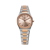 As steel and rose gold unite, Makydo's women's watch with a pink gold dial, like a sunrise of possibilities, ignites your spirit with a resplendent glow.. The  The brilliant, highly transparent sapphire crystal with anti-reflective coating expose the sophisticated silver baton hands with BGW9 Lume. The flawless symmetry of perfected Rose Gold plated 316L stainless steel integrated bracelet complimented with a 6.7mm of slim case powered by a sturdy Miyota quartz movement.