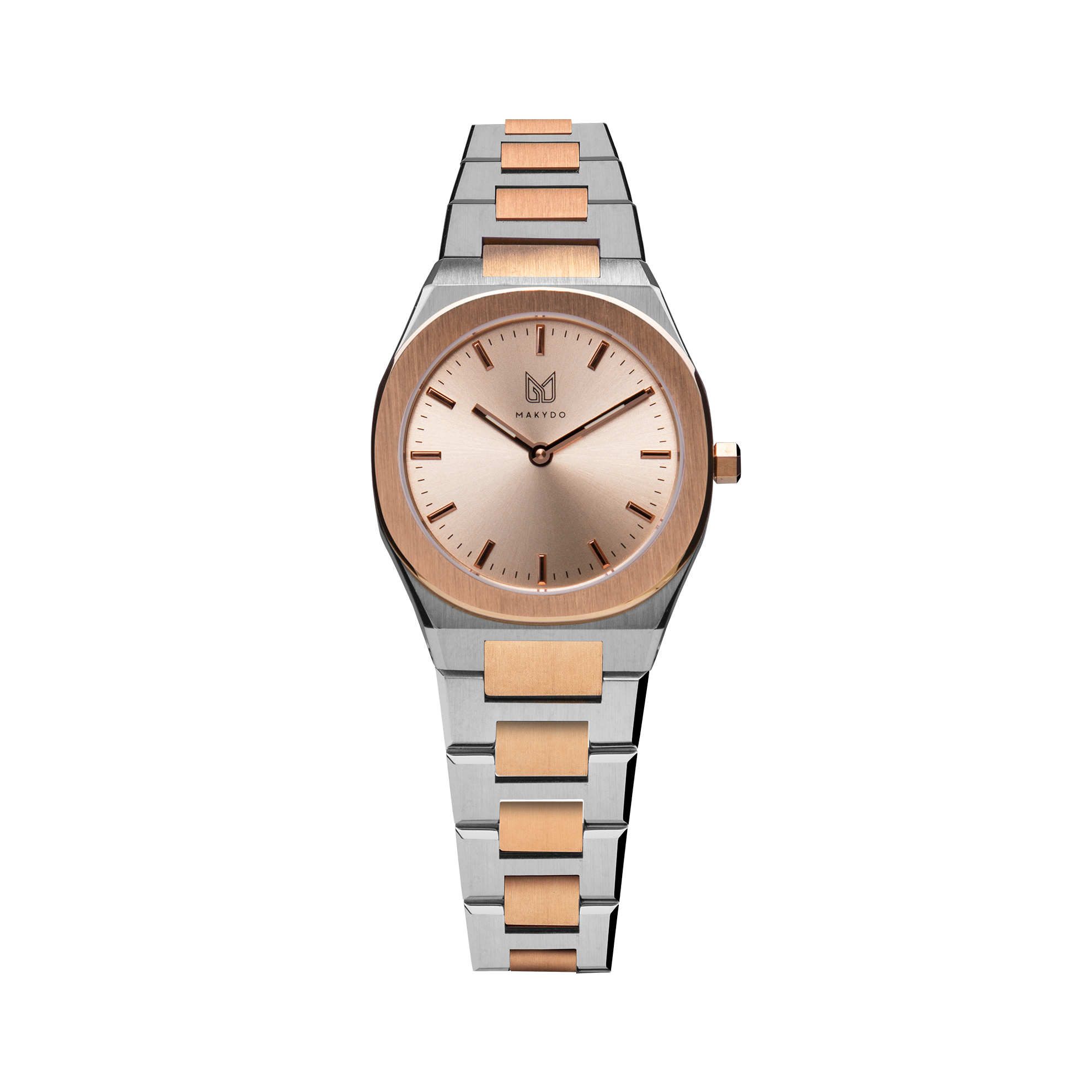 As steel and rose gold unite, Makydo's women's watch with a pink gold dial, like a sunrise of possibilities, ignites your spirit with a resplendent glow.. The  The brilliant, highly transparent sapphire crystal with anti-reflective coating expose the sophisticated silver baton hands with BGW9 Lume. The flawless symmetry of perfected Rose Gold plated 316L stainless steel integrated bracelet complimented with a 6.7mm of slim case powered by a sturdy Miyota quartz movement.