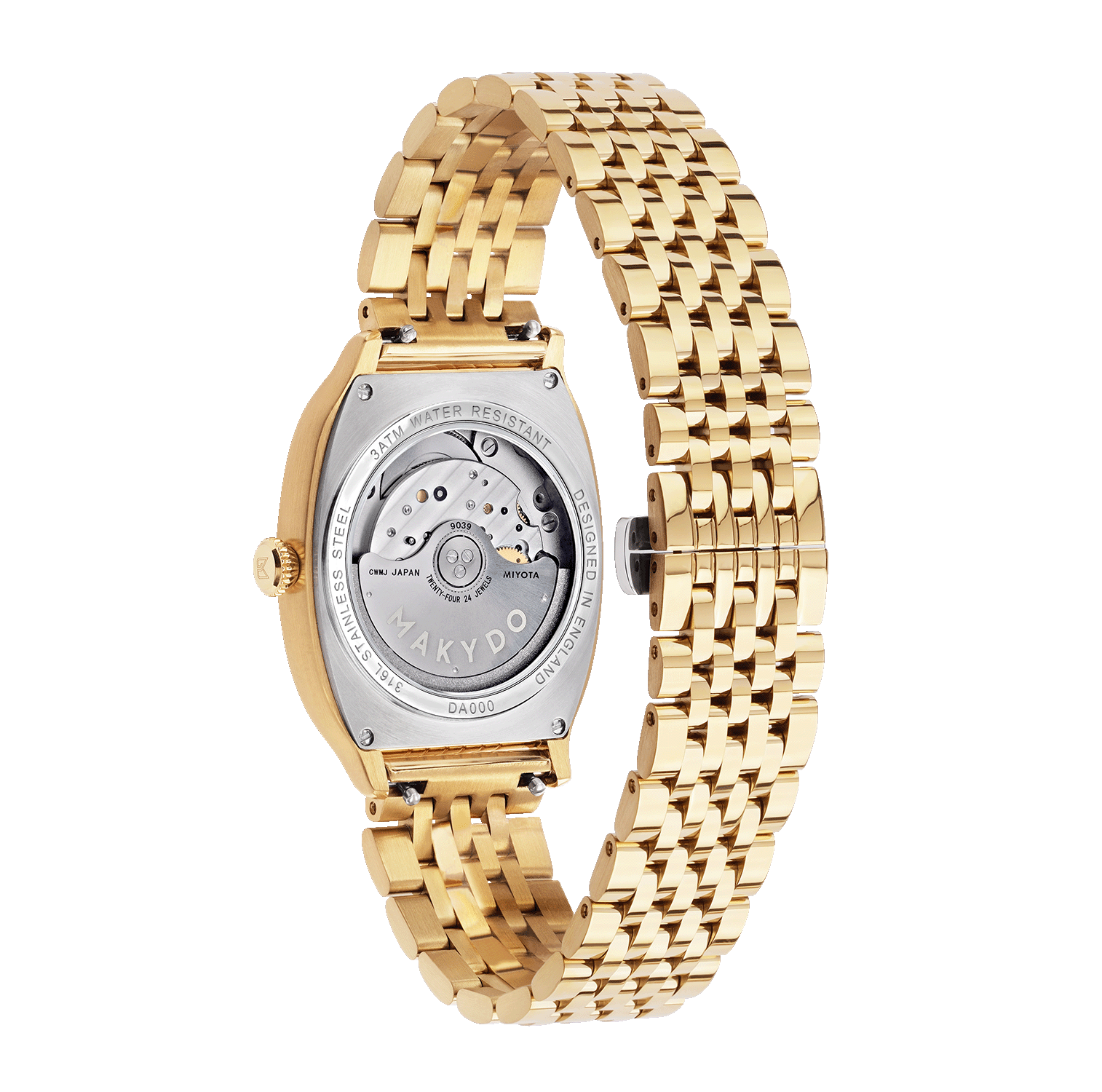 Gold watch with a visible brand name on a white background